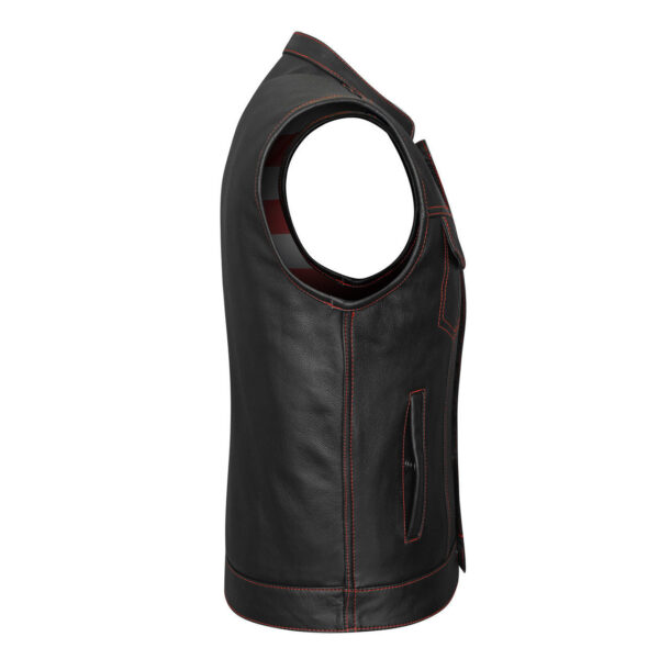 High Mileage Men's Zipper and Snap Closure Collarless Leather Club Vest with American Flag Liner and Red Stitching - Image 3