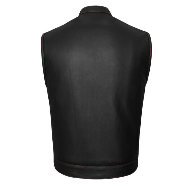 High Mileage Men's Zipper and Snap Closure Collarless Leather Club Vest with American Flag Liner and Red Stitching - Image 4