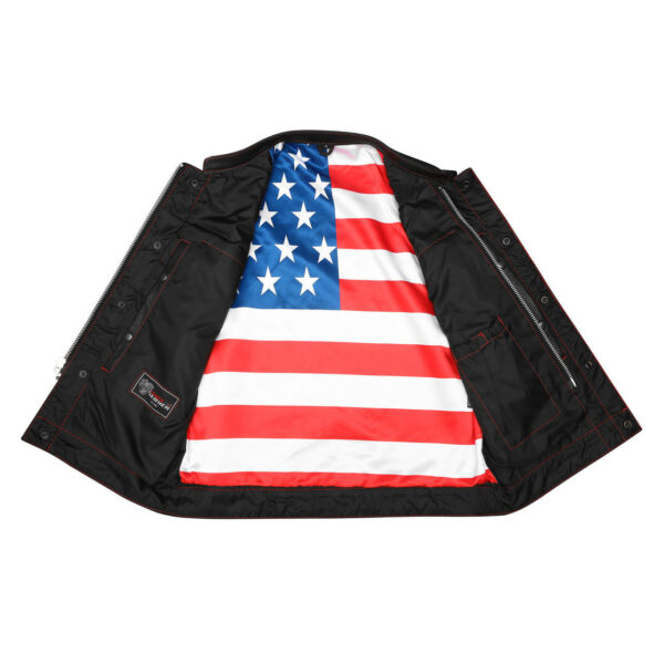 High Mileage Men's Zipper and Snap Closure Collarless Leather Club Vest with American Flag Liner and Red Stitching - Image 5