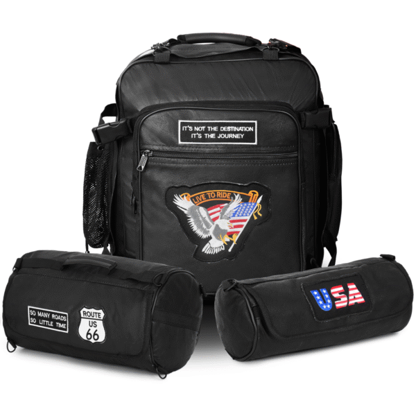 Vance Rival Series 3pc Rock Design Top grain High Quality Leather Sissy Bar Bag Set