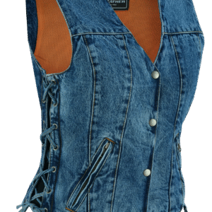 Womens Blue Denim V Neck with Snap Opening & Side Laces Motorcycle Vest