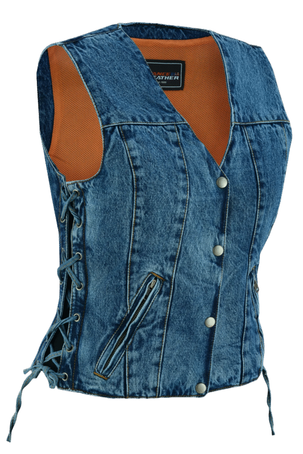 Womens Blue Denim V Neck with Snap Opening & Side Laces Motorcycle Vest