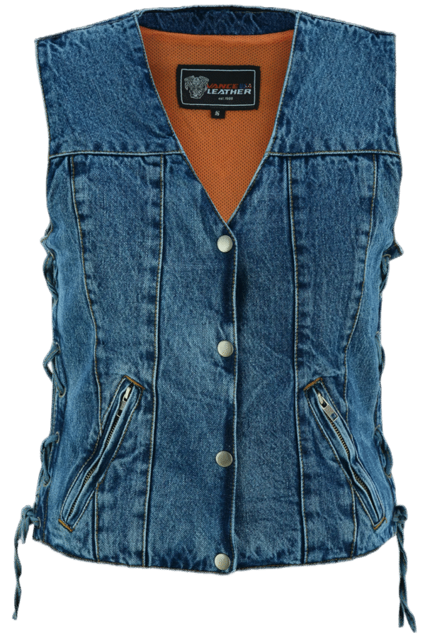 Womens Blue Denim V Neck with Snap Opening & Side Laces Motorcycle Vest - Image 2