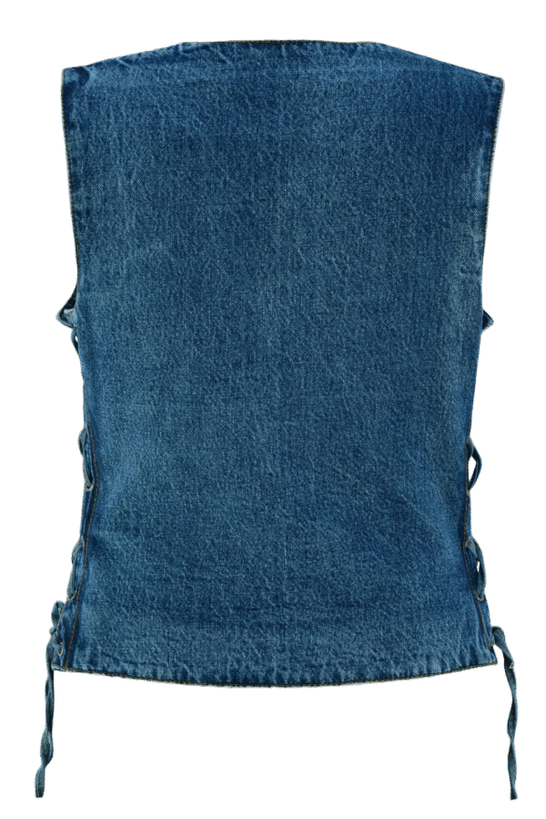 Womens Blue Denim V Neck with Snap Opening & Side Laces Motorcycle Vest - Image 3