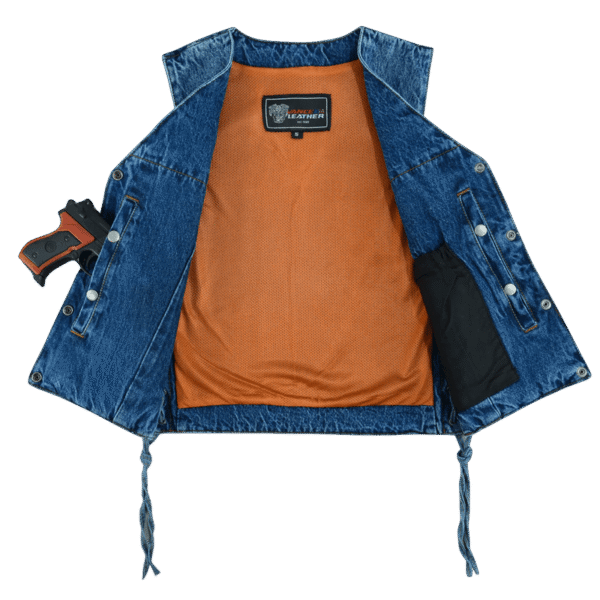 Womens Blue Denim V Neck with Snap Opening & Side Laces Motorcycle Vest - Image 4