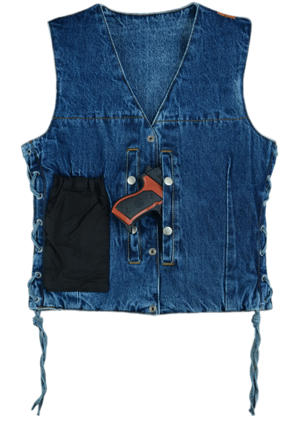 Womens Blue Denim V Neck with Snap Opening & Side Laces Motorcycle Vest - Image 6