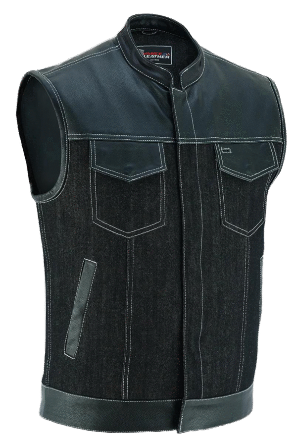 Men's Black Denim & Leather white Stitching Motorcycle Vest with Dual Conceal Carry Pockets - Image 2