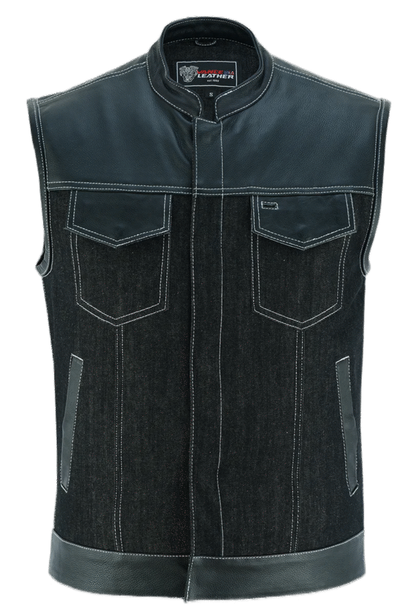 Men's Black Denim & Leather white Stitching Motorcycle Vest with Dual Conceal Carry Pockets - Image 3