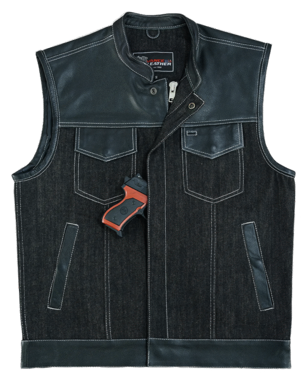 Men's Black Denim & Leather white Stitching Motorcycle Vest with Dual Conceal Carry Pockets