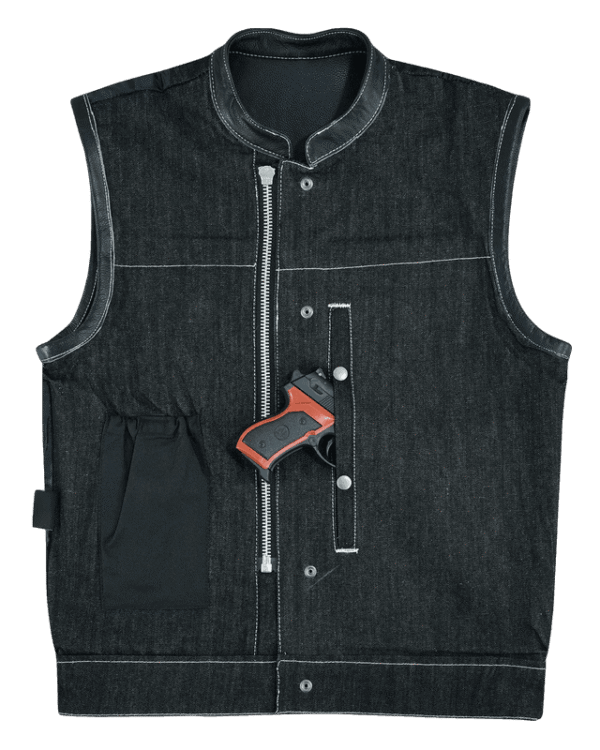 Men's Black Denim & Leather white Stitching Motorcycle Vest with Dual Conceal Carry Pockets - Image 5