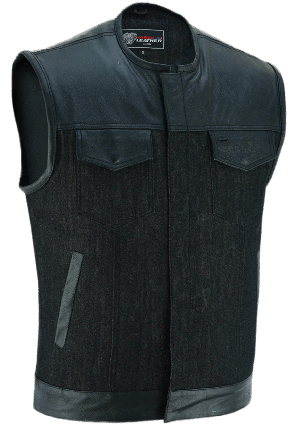 Mens Denim & Leather Motorcycle Vest with Dual Conceal Carry Pockets, SOA Biker Club Vest, Snap & Zipper Closure - Image 2