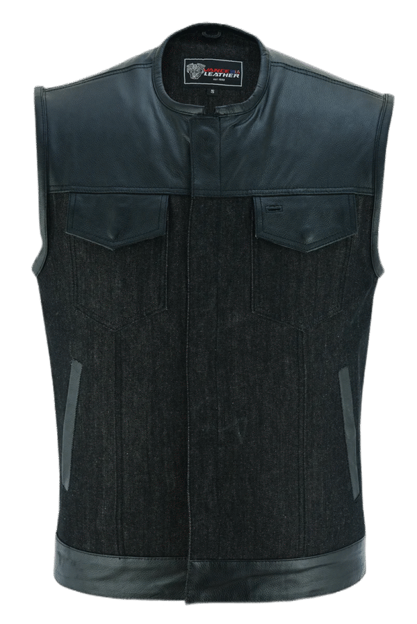 Mens Denim & Leather Motorcycle Vest with Dual Conceal Carry Pockets, SOA Biker Club Vest, Snap & Zipper Closure - Image 3