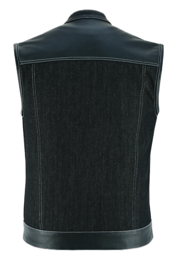 Mens Denim & Leather Motorcycle Vest with Dual Conceal Carry Pockets, SOA Biker Club Vest, Snap & Zipper Closure - Image 4