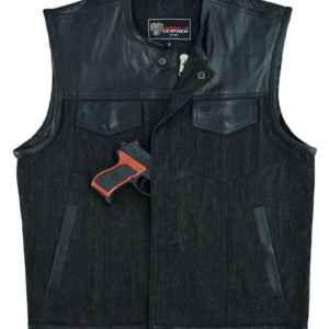 Mens Denim & Leather Motorcycle Vest with Dual Conceal Carry Pockets, SOA Biker Club Vest, Snap & Zipper Closure