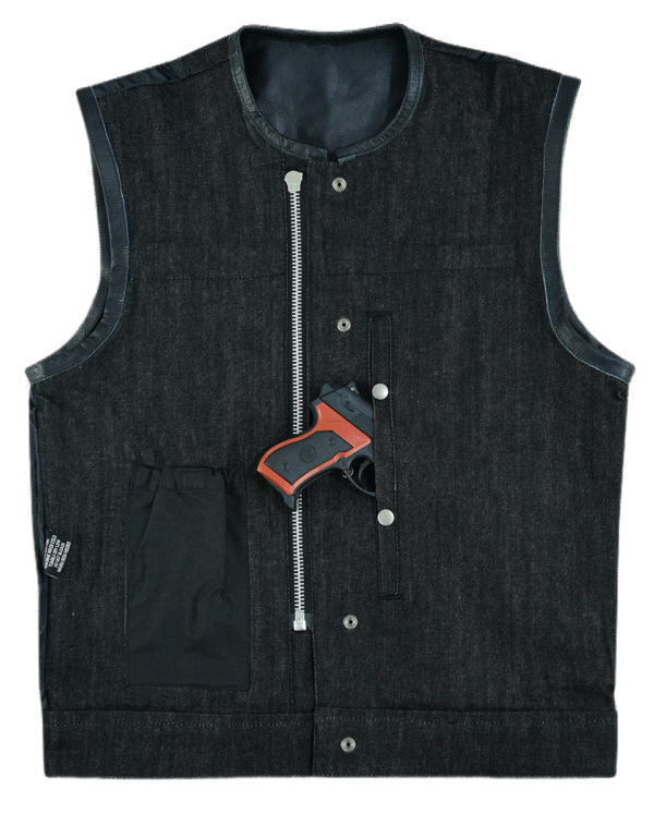 Mens Denim & Leather Motorcycle Vest with Dual Conceal Carry Pockets, SOA Biker Club Vest, Snap & Zipper Closure - Image 5