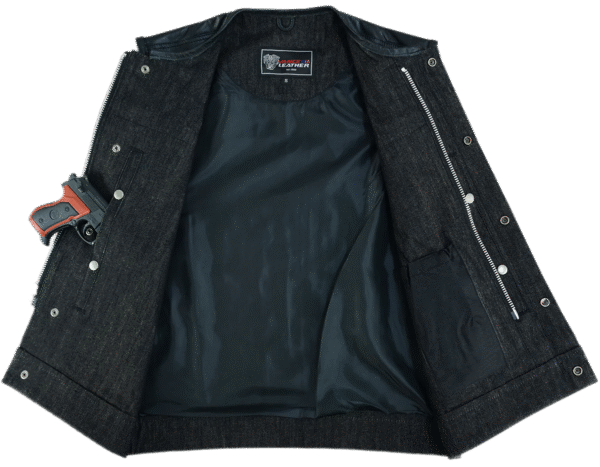 Mens Denim & Leather Motorcycle Vest with Dual Conceal Carry Pockets, SOA Biker Club Vest, Snap & Zipper Closure - Image 6