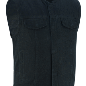 Men's Black Denim Collarless Club Vest with Conceal Carry Pockets