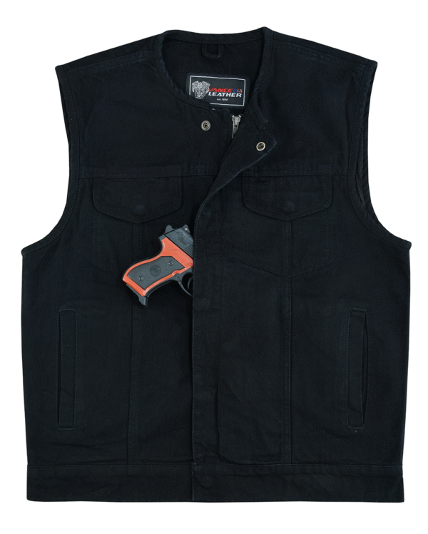 Men's Black Denim Collarless Club Vest with Conceal Carry Pockets - Image 2