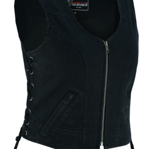 Womens Black Denim V Neck with Zipper & Side Laces Motorcycle Vest