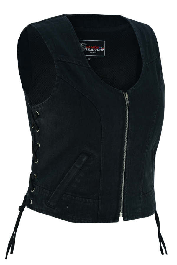 Womens Black Denim V Neck with Zipper & Side Laces Motorcycle Vest
