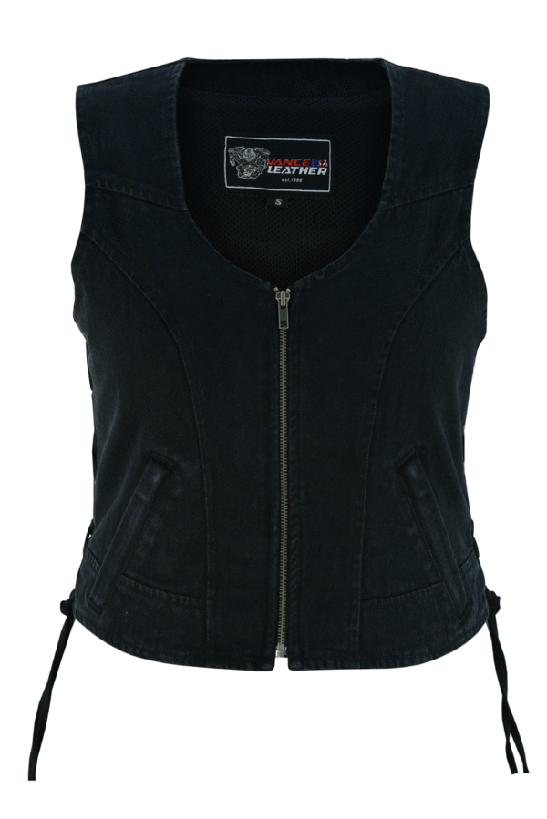 Womens Black Denim V Neck with Zipper & Side Laces Motorcycle Vest - Image 2