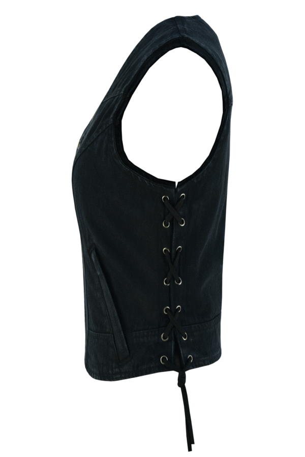 Womens Black Denim V Neck with Zipper & Side Laces Motorcycle Vest - Image 3