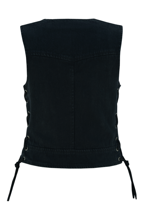 Womens Black Denim V Neck with Zipper & Side Laces Motorcycle Vest - Image 4