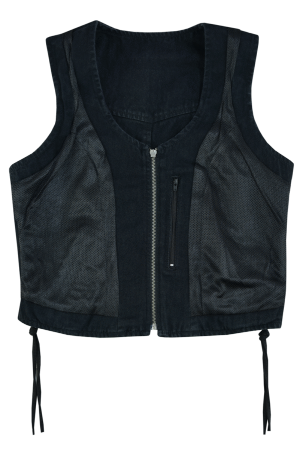 Womens Black Denim V Neck with Zipper & Side Laces Motorcycle Vest - Image 5