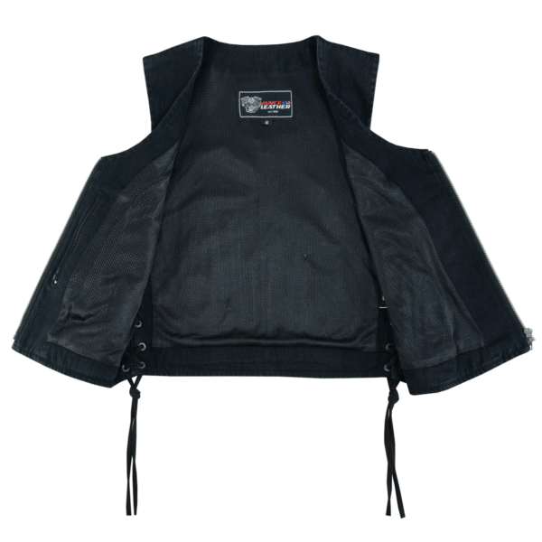 Womens Black Denim V Neck with Zipper & Side Laces Motorcycle Vest - Image 6