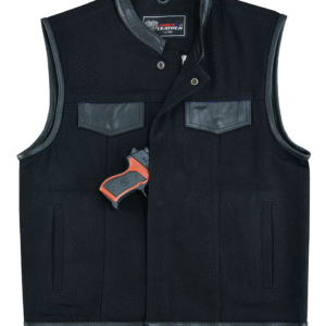 Vance Denim Black Club Vest with Leather Trims