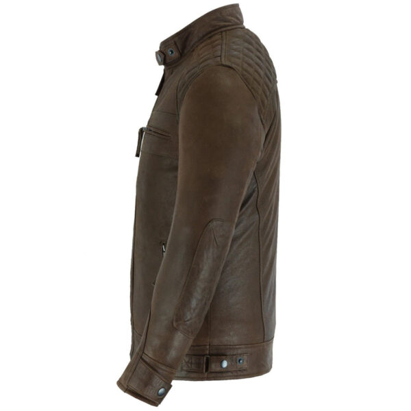 Mens Cafe Racer Waxed Lambskin Chocolate Brown Motorcycle Leather Jacket - Image 4