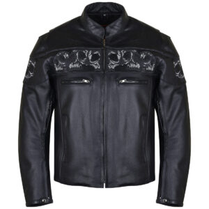 Vance Mens Black Reflective Skulls Premium Cowhide Leather Biker Motorcycle Riding Jacket