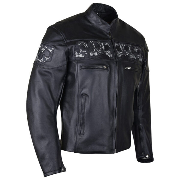 Vance Mens Black Reflective Skulls Premium Cowhide Leather Biker Motorcycle Riding Jacket - Image 2
