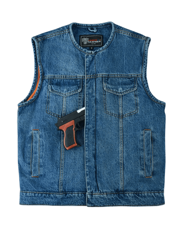 Men's Blue Denim Collarless Club Vest with Conceal Carry Pockets - Image 5