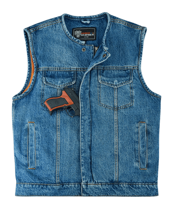 Men's Blue Denim Collarless Club Vest with Conceal Carry Pockets - Image 2