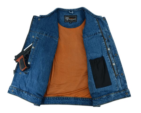 Men's Blue Denim Collarless Club Vest with Conceal Carry Pockets - Image 7