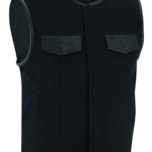 Vance Leathers Denim Black Collarless Club Vest with Leather trims