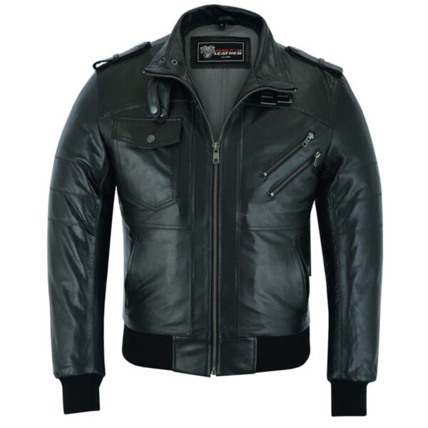 Vance Leather Mens Sven Bomber Black Waxed Premium Cowhide Motorcycle Leather Jacket with Removeable Hood - Image 3
