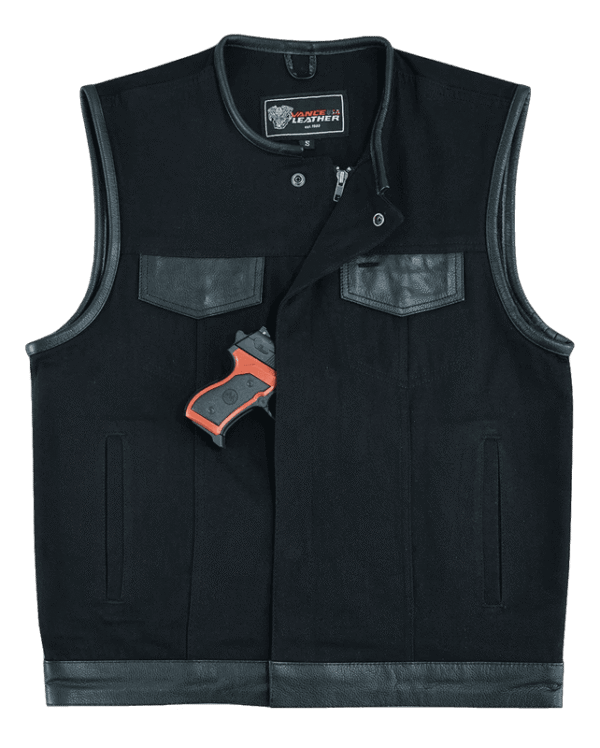 Vance Leathers Denim Black Collarless Club Vest with Leather trims - Image 2
