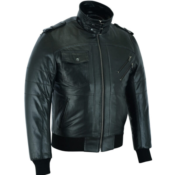 Vance Leather Mens Sven Bomber Black Waxed Premium Cowhide Motorcycle Leather Jacket with Removeable Hood - Image 4