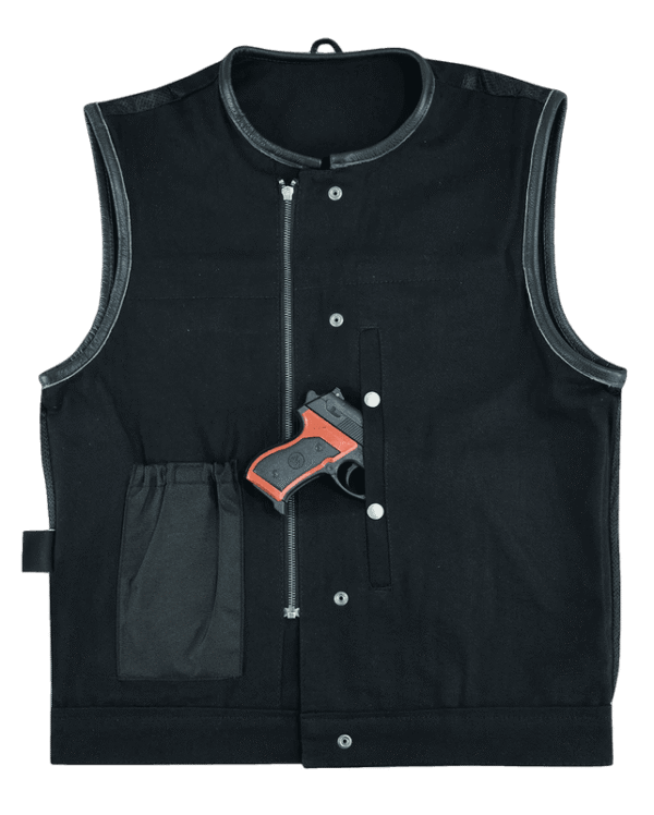 Vance Leathers Denim Black Collarless Club Vest with Leather trims - Image 5