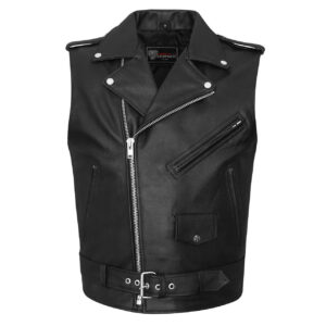 Vance Men's Premium Leather Classic Motorcycle Vest Plain Side & Belted Waist