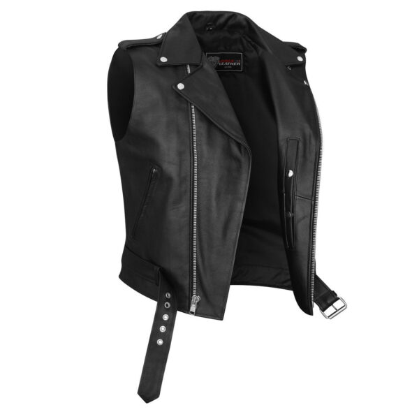 Vance Men's Premium Leather Classic Motorcycle Vest Plain Side & Belted Waist - Image 2