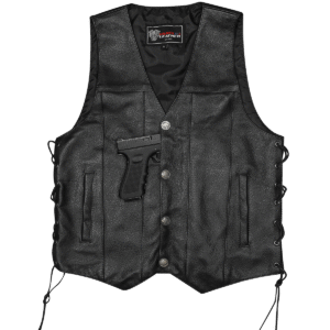 Leather Biker Motorcycle Vest with Buffalo Nickel Snaps and Double Conceal Carry Pocket