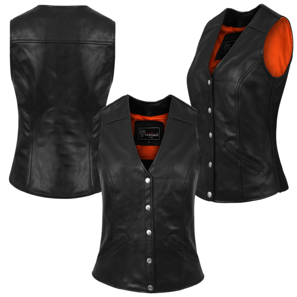 Women's Five Snap Leather Vest with Conceal Carry Pocket - Image 4