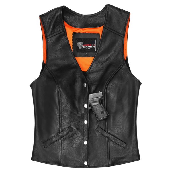 Women's Five Snap Leather Vest with Conceal Carry Pocket - Image 6