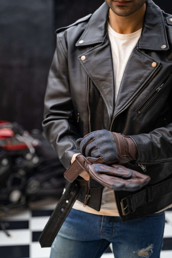 Vance Denim & Leather Motorcycle Gloves (Brown) with Mobile Phone Touchscreen - Image 6