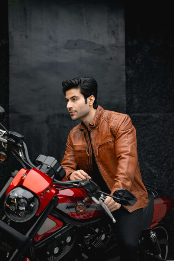 Mens Cafe Racer Waxed Lambskin Austin Brown Motorcycle Leather Jacket - Image 10