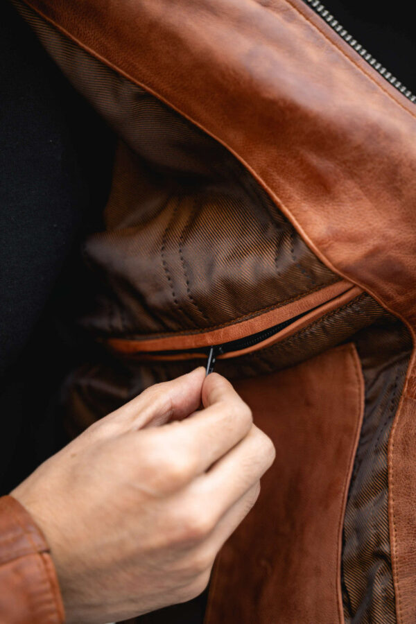 Mens Cafe Racer Waxed Lambskin Austin Brown Motorcycle Leather Jacket - Image 8