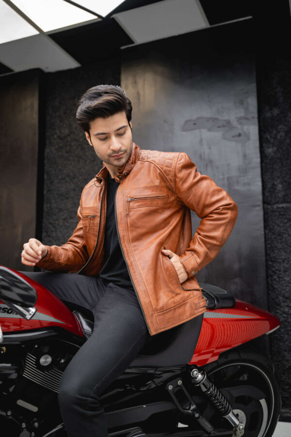 Mens Cafe Racer Waxed Lambskin Austin Brown Motorcycle Leather Jacket - Image 9